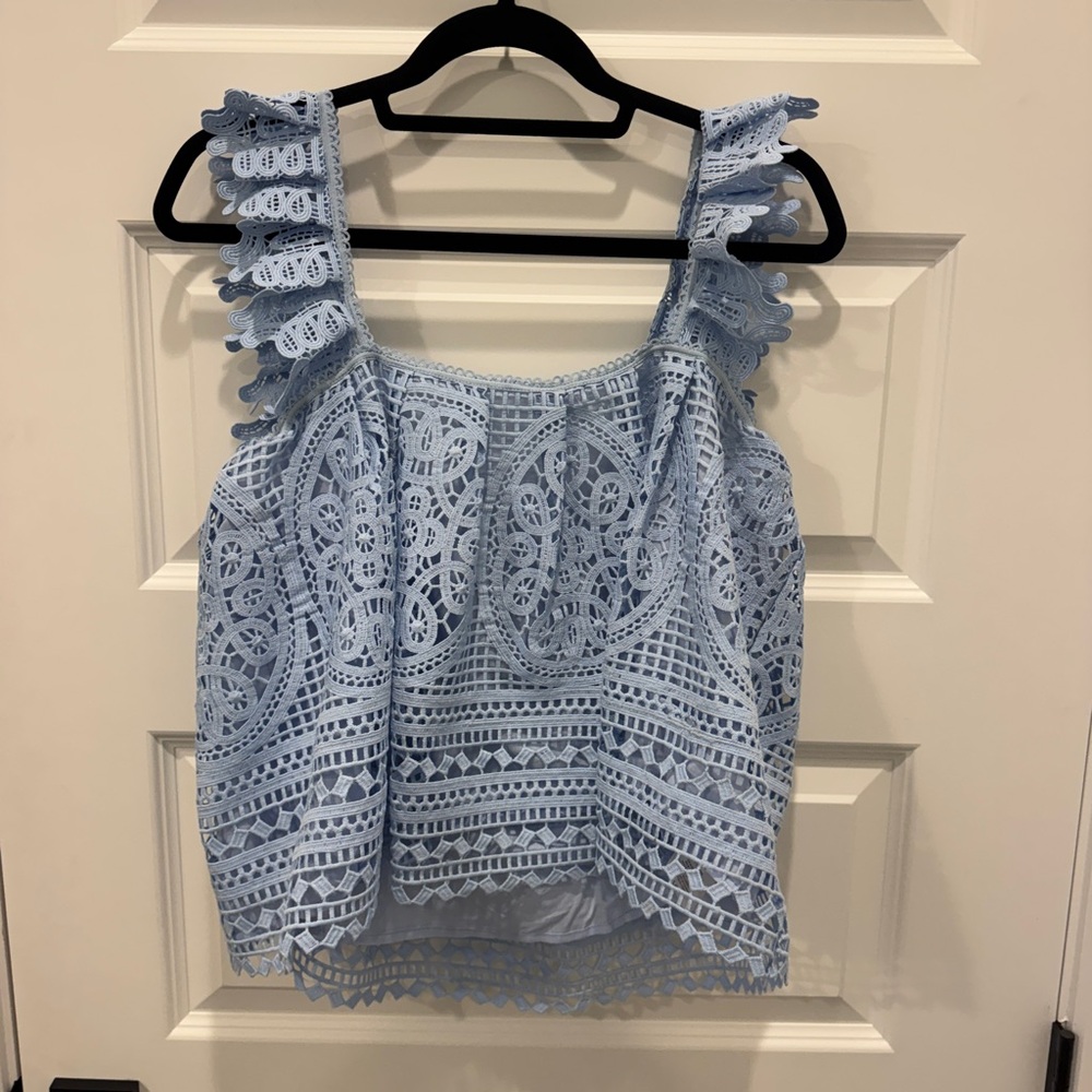 Chic Light Blue Lace Ruffle Blouse